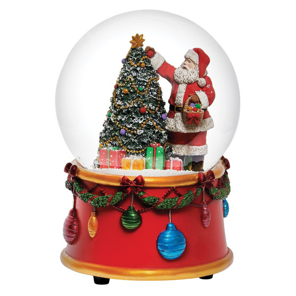 5.75-inch musical snow globe featuring Santa decorating a snow-covered Christmas tree.

Santa and Christmas tree snow globe with colorful presents, ornaments, and festive garland details.

Wind-up musical Santa snow globe on a red resin base decorated with bows, greenery, and hanging ornaments.