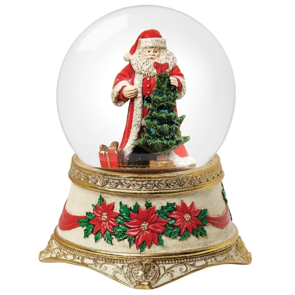 5.75-inch musical Santa snow globe with Christmas tree and wrapped present inside a 100 mm dome.

Santa and Christmas tree snow globe on an ivory and gold resin base decorated with red poinsettias.

Wind-up musical Santa snow globe with ornate scrollwork, poinsettia accents, and traditional Christmas colors.