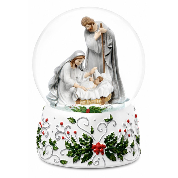 7-inch Holy Family musical dome featuring Mary, Joseph, and baby Jesus.

Nativity dome with white and silver Holy Family scene and decorative holly base.

Wind-up Holy Family Christmas dome with green holly leaves, red berries, and silver scrollwork.