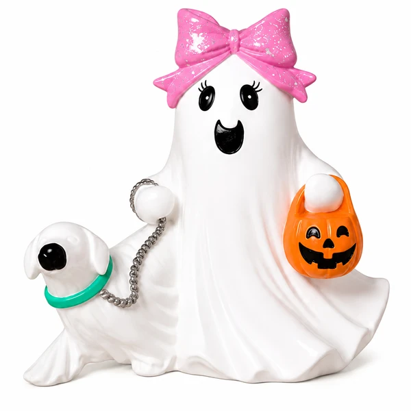 Halloween ghost figurine with glittery pink bow, orange pumpkin treat bucket, and white ghost dog.

White resin ghost holding a leashed ghost dog beside a jack-o'-lantern treat bucket.

4.9-inch-tall Halloween ghost figurine with pink bow and colorful trick-or-treat details.