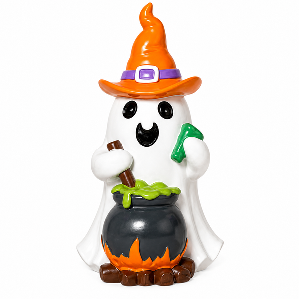 Halloween witch ghost figurine wearing an orange hat behind a bubbling black cauldron.

White resin ghost stirring a cauldron with green potion, orange flames, and brown logs.

3.74-inch-tall Halloween ghost figurine with orange witch hat, green potion bottle, and bubbling cauldron.