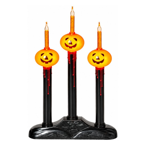 Electric Halloween candle trio with three glowing jack-o'-lantern pumpkin bubble lights on black columns.

Three black Halloween candle columns with orange pumpkins, bubble lights, and red drip details.

12.75-inch-tall electric pumpkin bubble light decoration with three candles on a decorative black base.