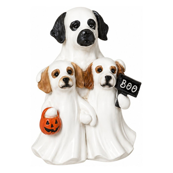 Halloween dog family figurine with mother dog and two pups dressed in white ghost costumes.

Resin dog family decoration with ghost-costumed puppies, orange jack-o'-lantern bucket, and black BOO sign.

7-inch-tall Halloween dog figurine featuring a mother dog behind two trick-or-treating pups.