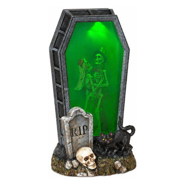 Halloween coffin water globe with skeleton illuminated by an eerie green light inside the coffin.

10.5-inch Halloween coffin decoration with RIP tombstone, skull, black cat, and green-lit skeleton.

Spinning smoky coffin water globe with resin graveyard base, skeleton figure, tombstone, skull, and black cat.
