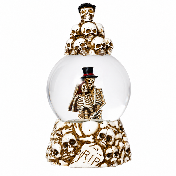 Spinning smoky skull water globe featuring a skeleton couple surrounded by sculpted skulls and bones.

9.06-inch Halloween water globe with skeleton couple, stacked skulls, and RIP tombstone details.

Halloween skull water globe with clear liquid-filled globe, skeleton couple, skull-covered base, and stacked skull topper.