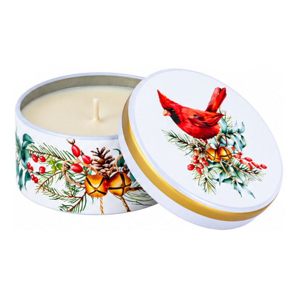 Cardinal scented candle in a white decorative metal tin with evergreen branches, red berries, pinecones, and bells.

5.5-ounce scented wax candle in a 3.5-inch-diameter decorative Christmas tin.

Open cardinal candle tin with single-wick wax candle and coordinating lid featuring a red cardinal and greenery.