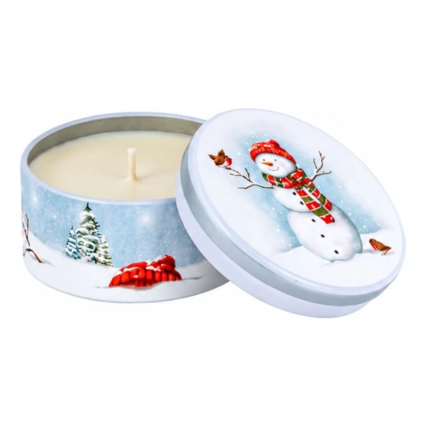 Snowman scented candle in a pale blue decorative metal tin with a snowy winter landscape.

5.5-ounce scented wax candle in a 3.5-inch-diameter Christmas tin with coordinating snowman lid.

Open decorative candle tin with single-wick wax candle and lid featuring a snowman, red hat, striped scarf, and birds.