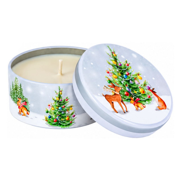 Christmas tree scented candle in a pale blue decorative metal tin with colorful ornaments and woodland animals.

5.5-ounce scented wax candle in a 3.5-inch-diameter Christmas tin with decorated tree artwork.

Open decorative candle tin with single-wick wax candle and lid featuring a Christmas tree, deer, fox, and snowy scene.