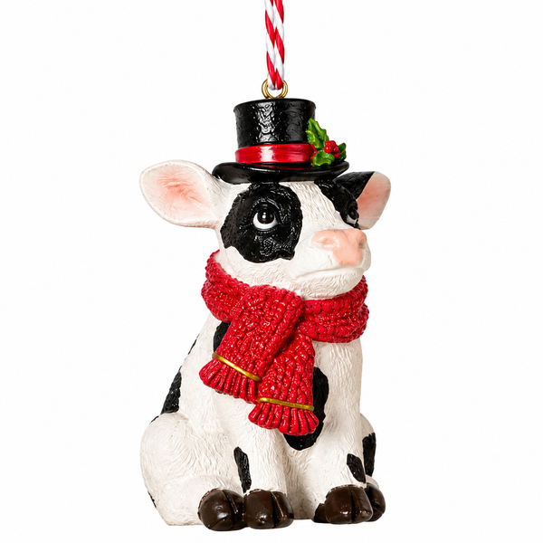 Holiday cow resin ornament wearing a black top hat and bright red scarf.

Black-and-white cow Christmas ornament with a holly-accented top hat and textured red scarf.

2.9-inch cow ornament with black-and-white markings, dark hooves, and red-and-white striped hanging cord.