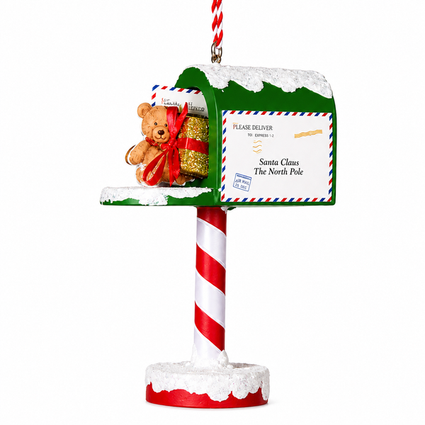 Green Christmas mailbox ornament with snowy trim and a letter addressed to Santa Claus at the North Pole.

Wood mailbox ornament with teddy bear, glittering wrapped gift, and red-and-white striped post.

4.75-inch green mailbox holiday ornament with North Pole mail, snow details, and hanging cord.

2866870