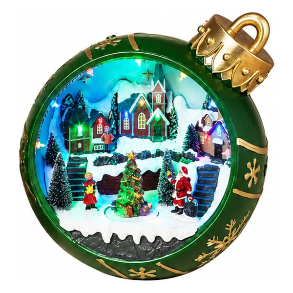 Green ornament-shaped Christmas decoration containing a snowy village, Santa, and decorated Christmas tree.

Animated resin holiday decoration with LED-lit village scene, evergreen trees, figures, and rotating Christmas tree.

10.6-inch green holiday ornament decoration with gold snowflake accents and miniature snowy Christmas scene.