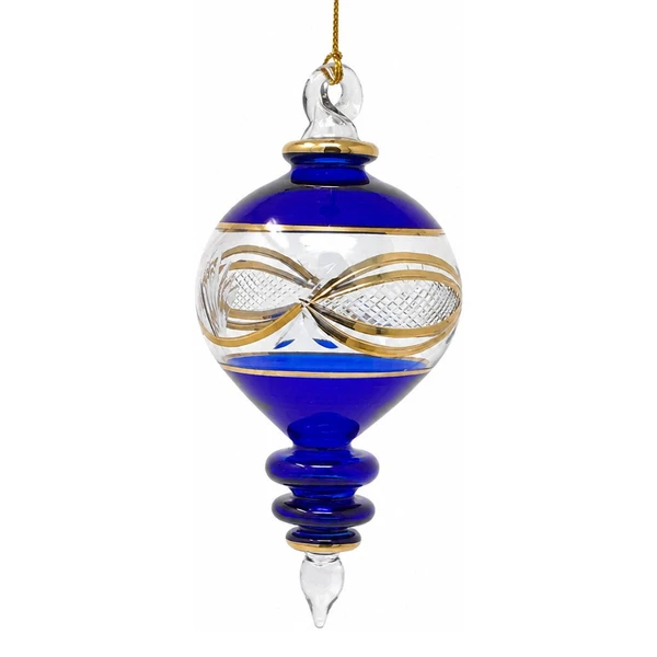 Handmade Egyptian Museum cobalt blue heart-shaped glass ornament with etched decorative rings and gold accents.
Mouth-blown glass Christmas ornament in a heart-inspired shape measuring 5.25 inches tall.
Artisan-crafted Egyptian glass ornament featuring hand-etched detailing and elegant gold trim.