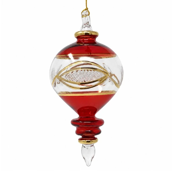 Handmade Egyptian Museum red glass heart-shaped ornament with hand-etched decorative rings and gold accents.
Mouth-blown glass Christmas ornament measuring 5.25 inches tall with artisan etched detailing.
Heart-shaped Egyptian glass ornament featuring elegant handcrafted engraving and decorative gold trim.