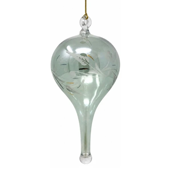 Handmade Egyptian Museum green glass finial ornament with hand-etched scrollwork and genuine gold accents.
Mouth-blown glass Christmas finial ornament measuring 6.75 inches tall with artisan-etched detailing.
Elegant green handcrafted glass finial ornament featuring etched decorative patterns and gold trim.