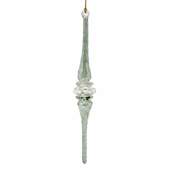 Handmade Egyptian Museum green glass icicle ornament with elegant twisted swirl detailing.
Mouth-blown glass icicle Christmas ornament measuring 7 inches with artisan-crafted spiral design.
Slender handcrafted green glass ornament featuring decorative clear glass accents and a graceful icicle silhouette.