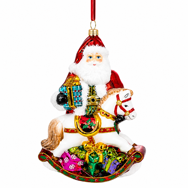 Huras Family Santa with a Rocking Horse 6.5-inch handblown glass Christmas ornament.

Santa glass ornament riding a white rocking horse with red, green, and gold detailing and sparkling white robe trim.

Colorful Santa and rocking horse ornament surrounded by wrapped Christmas presents in green, purple, pink, and gold.