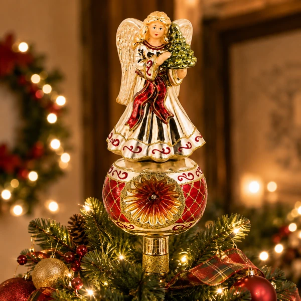Huras Family Angel with Red Sash 11.8-inch handblown glass Christmas tree topper in red, cream, green, and gold.

Polish glass angel tree topper wearing a cream and gold gown with a red sash and holding a miniature green Christmas tree.

Ornate Huras Family angel tree topper with sculpted wings above a red and gold decorated glass base.