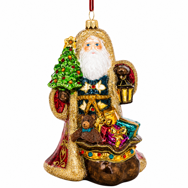 Huras Family 25K Gold Splendid Santa 7.25-inch handblown glass Christmas ornament with rich red and gold detailing.

Splendid Santa glass ornament holding a decorated green Christmas tree and lantern beside a sack filled with toys and presents.

Hand-painted Santa ornament with shimmering gold accents, deep red cloak, teddy bear, colorful gifts, lantern, and Christmas tree.