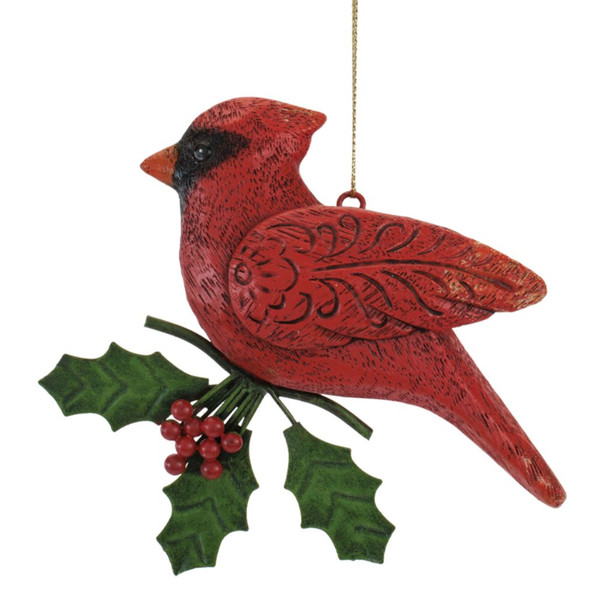 4-inch red cardinal ornament with green holly leaves and clusters of red berries.

Metal and resin cardinal Christmas ornament with dark detailing and patterned red wing.

Red bird hanging ornament perched above green holly leaves and red berries.