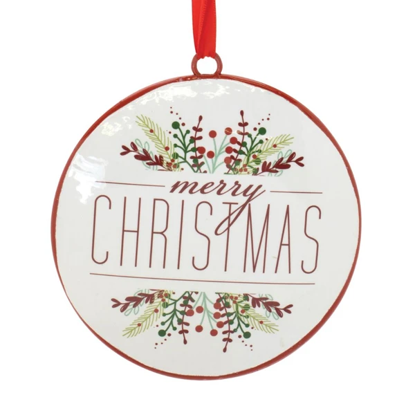 6-inch round metal ornament with red Merry Christmas lettering on a white background.

Merry Christmas disc ornament with red and green botanical sprigs and red border.

White metal Christmas ornament with festive lettering, botanical accents, and red hanging ribbon.