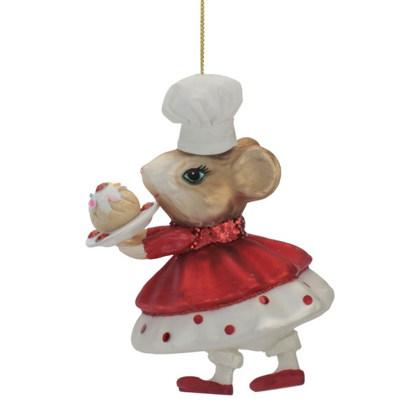 2.5-inch glass mouse baker ornament wearing a white chef’s hat and red-and-white dress.

Mouse baker Christmas ornament carrying a plated pastry and wearing a sparkling red collar.

Glass chef mouse ornament with white hat, red cape-style top, polka-dot skirt, and red shoes.