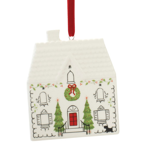 Dolomite Christmas house ornament with green wreath, holly accents, black detailing, and small black dog.4-inch white dolomite house ornament with one chimney, red door, wreath, and Christmas trees.

Dolomite Christmas house ornament with green wreath, holly accents, black detailing, and small black dog.