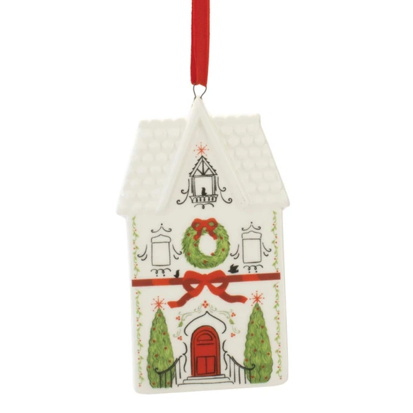 4-inch white dolomite house ornament without a chimney, decorated with a wreath and red bow.

Dolomite Christmas house ornament with red door, green evergreen trees, wreath, and black architectural details.

White peaked-roof house ornament with festive greenery, red accents, and red hanging ribbon.