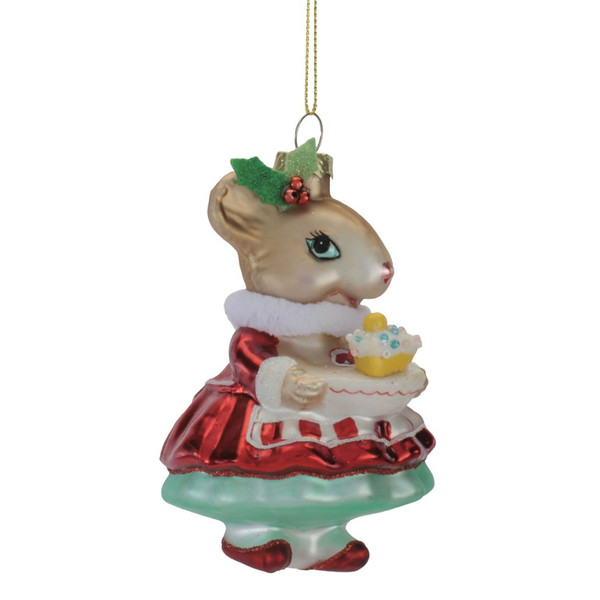 2.5-inch glass mouse baker ornament wearing a red top and pale blue skirt.

Mouse baker Christmas ornament carrying a decorated cupcake on a tray with a holly accent near its ear.

Glass baker mouse ornament with red clothing, blue skirt, white collar, red shoes, and cupcake.