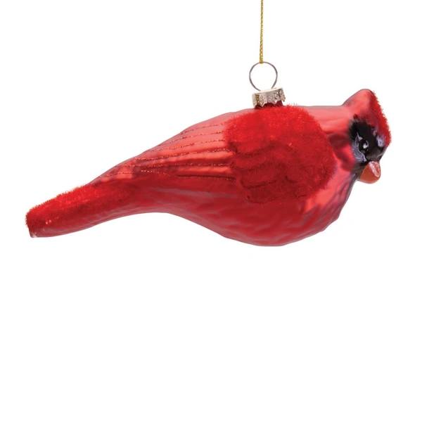 5.25-inch red cardinal glass Christmas ornament with black facial markings.

Red glass cardinal ornament with orange beak, detailed wing, and soft textured accents.

Cardinal bird Christmas ornament in vivid red glass with black face and gold-colored hanging cord.