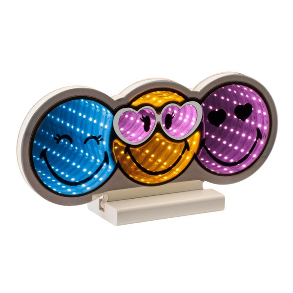 11.5 x 6-inch acrylic Ekkolight with three illuminated blue, yellow, and purple smiley faces.

Trio Smiley Ekkolight featuring colorful smiling faces with pink heart-shaped glasses and heart eyes.

Lighted acrylic smiley face display with three colorful expressions on a freestanding base.