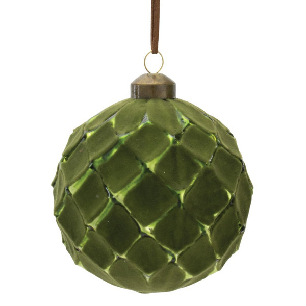 4-inch green glass ball ornament with raised geometric texture.

Olive-green glass Christmas ball with dimensional pattern, metal cap, and brown hanging ribbon.

Large round green glass ornament featuring a textured geometric surface.