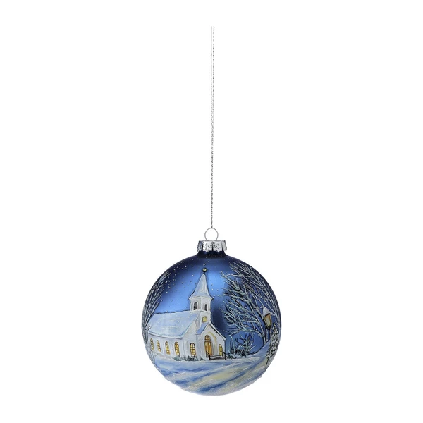 Winter Church Glass Ball Ornament - Wreath Design