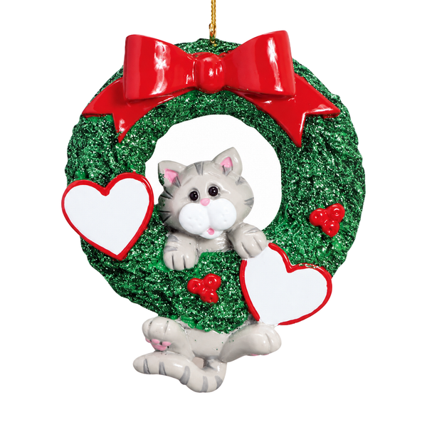 Personalized Gray Tabby Cat Wreath Ornament