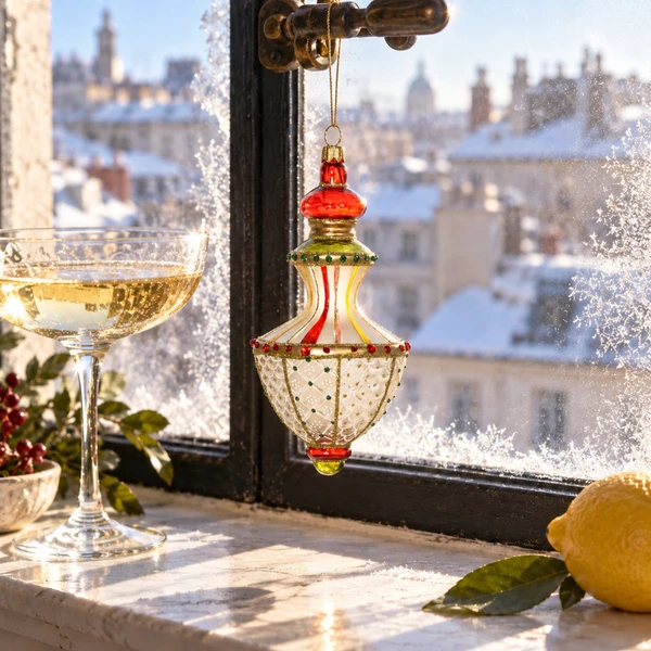 Glitter Lab Translucent Hourglass Drop Ornament – glass Christmas ornament styled in a fun, eclectic home scene
