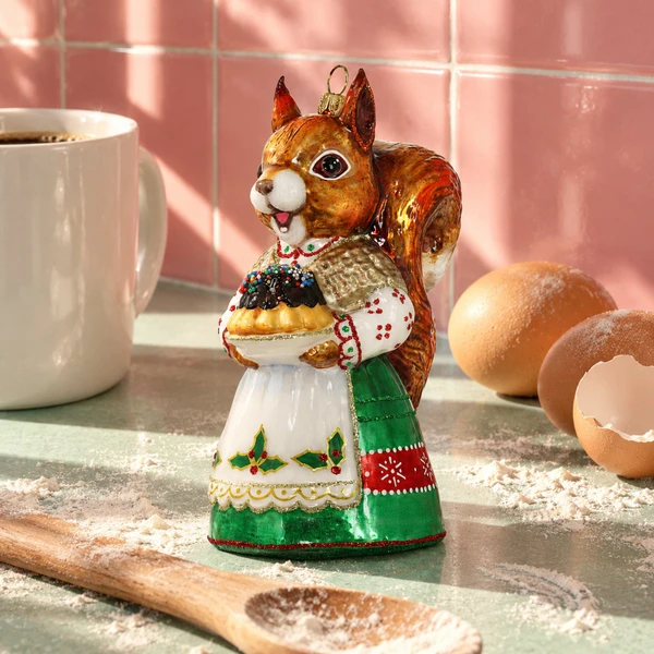 Glitter Lab Christmas Grandma Squirrel Ornament – glass Christmas ornament styled in a fun, eclectic home scene