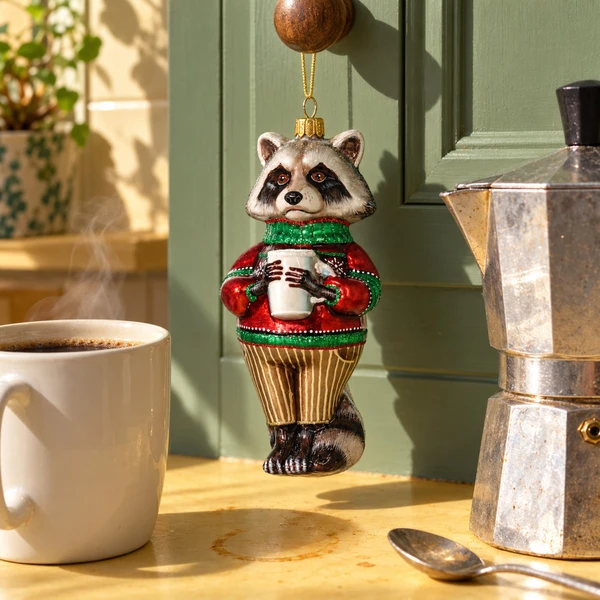 Glitter Lab Christmas Dad Raccoon Ornament – glass Christmas ornament styled in a fun, eclectic home scene