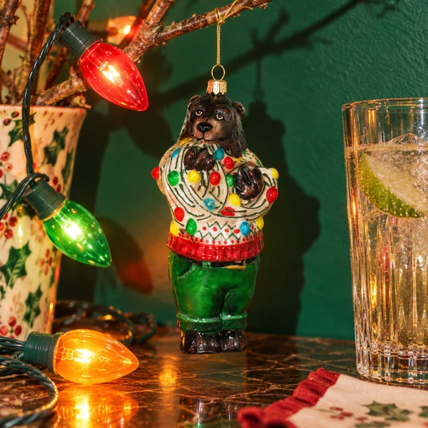 Glitter Lab Christmas Uncle Bear with Lights Ornament – glass Christmas ornament styled in a fun, eclectic home scene