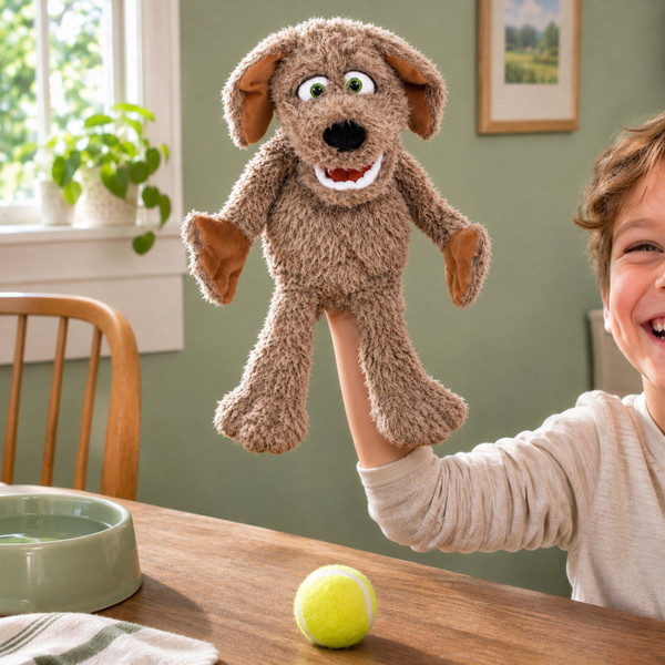 Living Puppets Lexi Dog hand puppet worn on a child's hand and arm