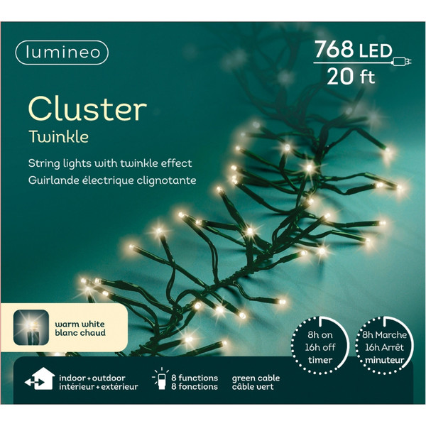 Lumineo 768 LED Warm White Christmas Cluster Lights Set, Green Wire 19.5 Ft
