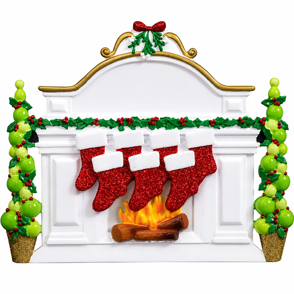 Personalized Christmas fireplace ornament with seven glittery red stockings hanging from a white mantel.
Freestanding resin mantel ornament decorated with holly garland, topiary trees, and glowing fireplace.
Family Christmas ornament with space for seven personalized names on sparkling red stockings.