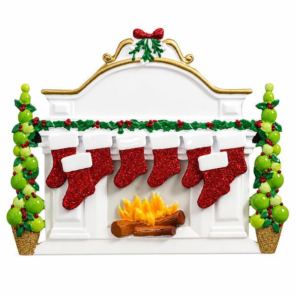 Personalized family Christmas mantel ornament with eight glittered red stockings.
Freestanding white fireplace ornament with holly garland, glowing fire, and topiary trees.
Resin holiday ornament with customizable stockings and banner for family names and dates.