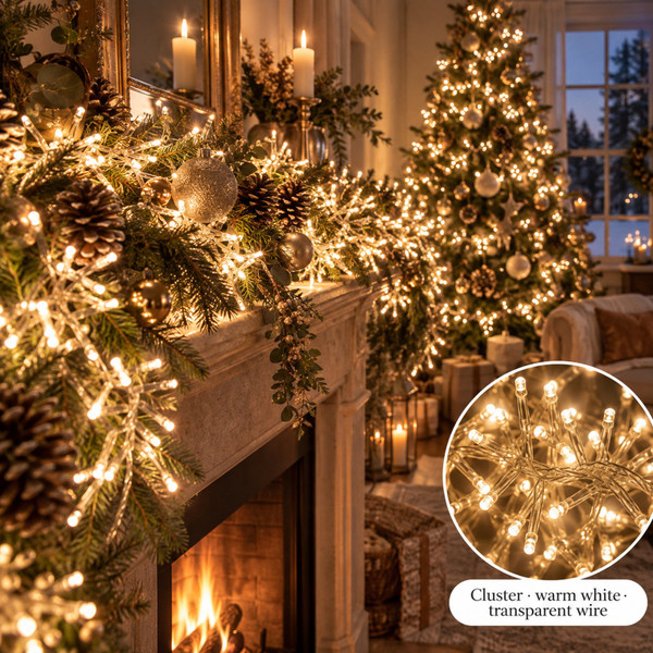 Lumineo 768 LED Warm White Cluster Light Set, Transparent White Wire 19.5 Ft - warm white LED lights on a decorated Christmas tree with a close-up of the bulbs