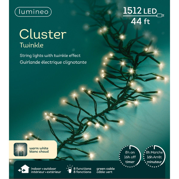 Lumineo 1512 LED Warm White Christmas Cluster Lights Set, Green Wire 44.5 Ft