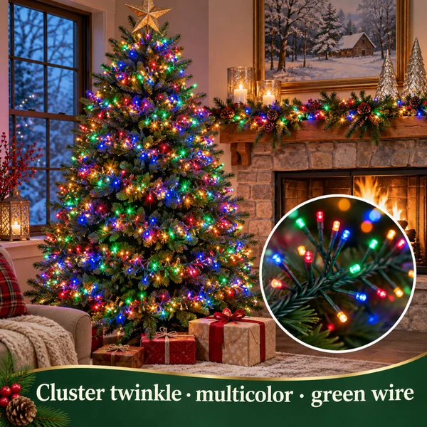 Lumineo 768 LED Multi-Color Cluster Lights Green Wire - warm white LED lights on a decorated Christmas tree with a close-up of the bulbs