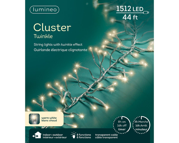 Lumineo 1512 LED Warm White Christmas Cluster Lights Set, Transparent Wire 44 Feet - 1
