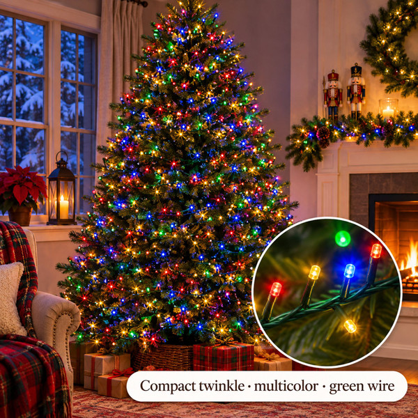 Lumineo 1000 LED Multi-Colored Compact Lights Green Wire - warm white LED lights on a decorated Christmas tree with a close-up of the bulbs