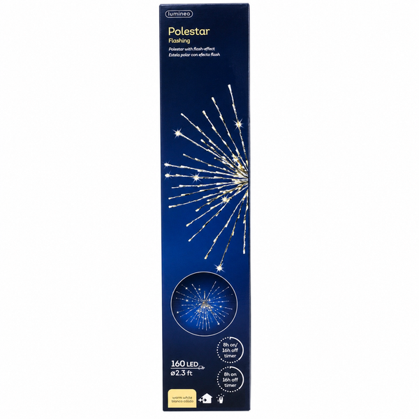 Lumineo 27-inch flashing LED Polestar holiday light decoration in retail packaging.
Warm white 160 LED starburst on flexible silver wire with flashing light effect.
Indoor/outdoor decorative light with UL-certified plug and built-in 8-hour timer.​​​​​​​