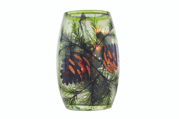 Whispering Pines and Pinecones Short Lighted Glass Vase