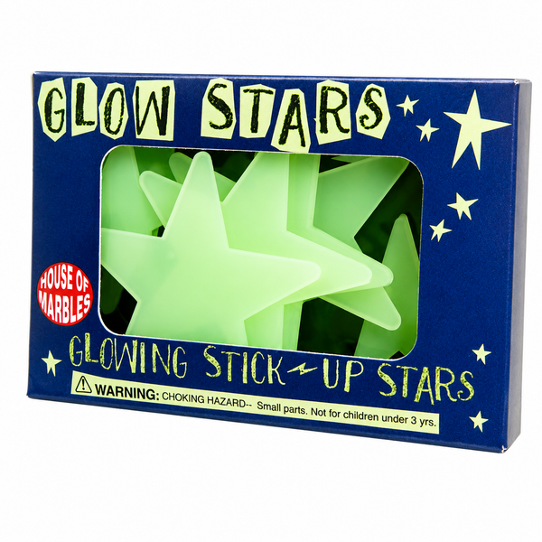 Box of glow-in-the-dark plastic stars with assorted star shapes.
Eight stick-up glow stars for decorating bedroom ceilings and walls.
Glow-in-the-dark star set with reusable adhesive stickers included.
