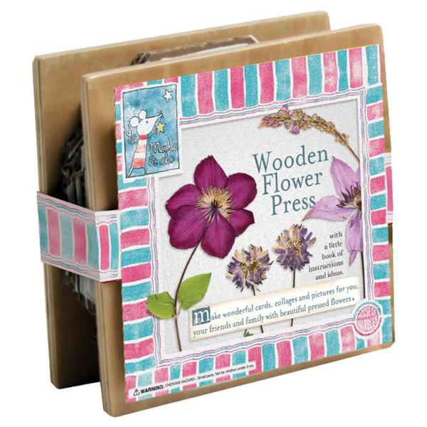 Mini wooden flower press with colorful floral cover artwork and elastic closure.
Reusable wood flower press with tightening bolts, pressing paper, and project booklet.
Compact botanical flower press for preserving blooms and creating handmade crafts.